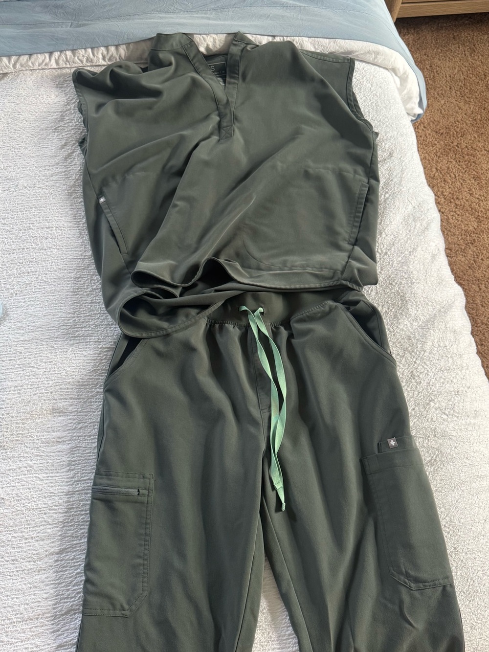 Figs Women's Olive Green Scrub Top & Bottom Set with Mint Drawstring